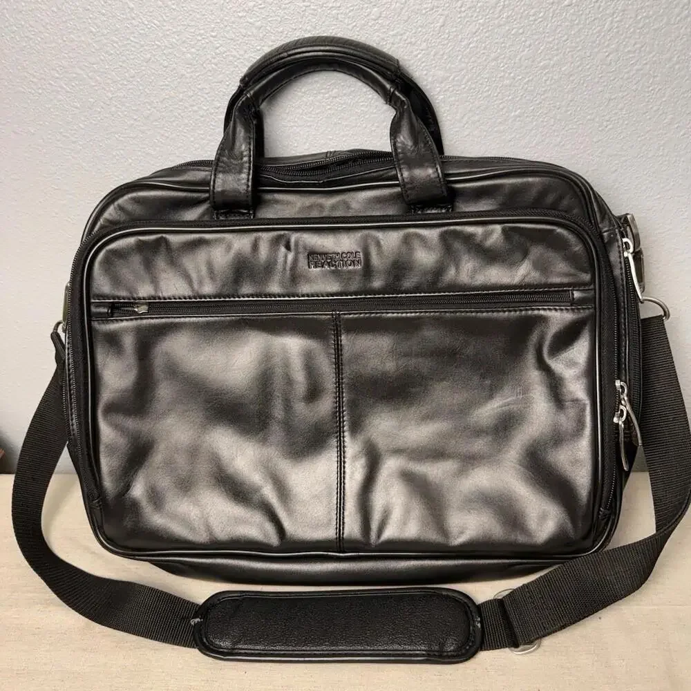 Kenneth Cole Reaction Black Leather Briefcase Laptop Messenger Bag Mens Womens